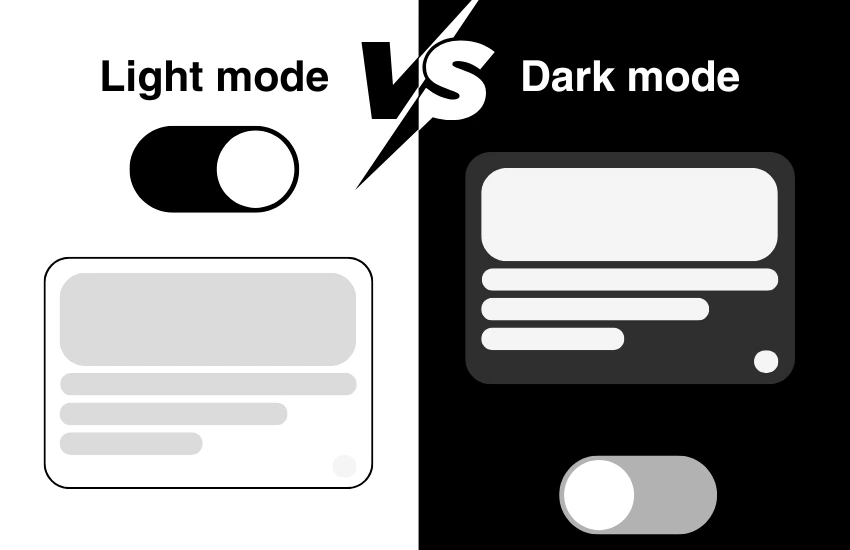 Comparación visual entre dark mode y light mode mostrando diferencias en legibilidad y contraste para UX