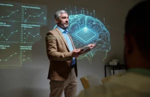 Composición visual futurista representando la intersección entre inteligencia artificial, interfaces interactivas y marketing de comunidad en 2026.