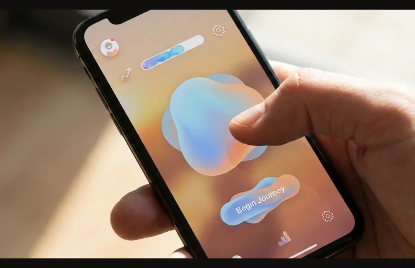 Interfaz de aplicación móvil moderna con microinteracciones fluidas y diseño visual emocional.