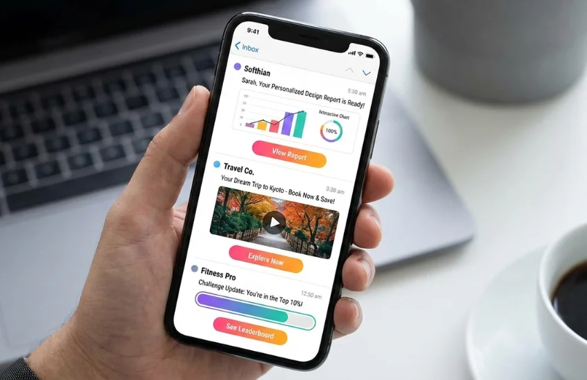 Smartphone mostrando una bandeja de entrada con correos electrónicos interactivos y personalizados de alta conversión.